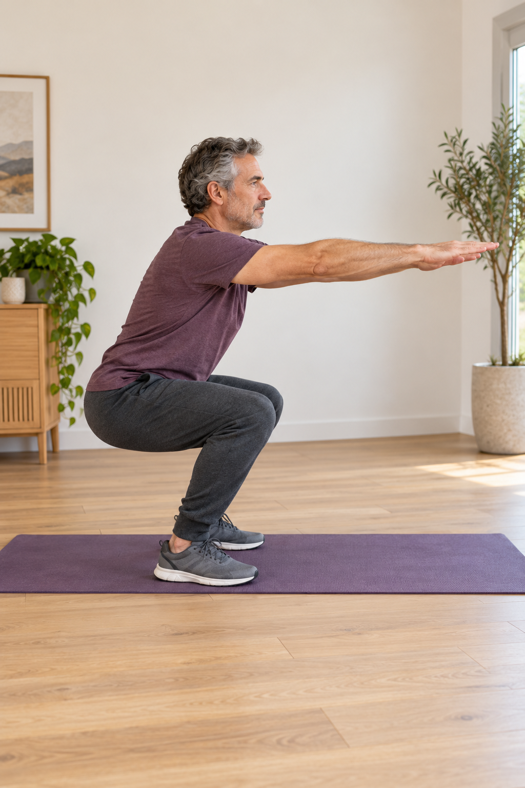 Evde squat yapan orta yaşlı erkek
